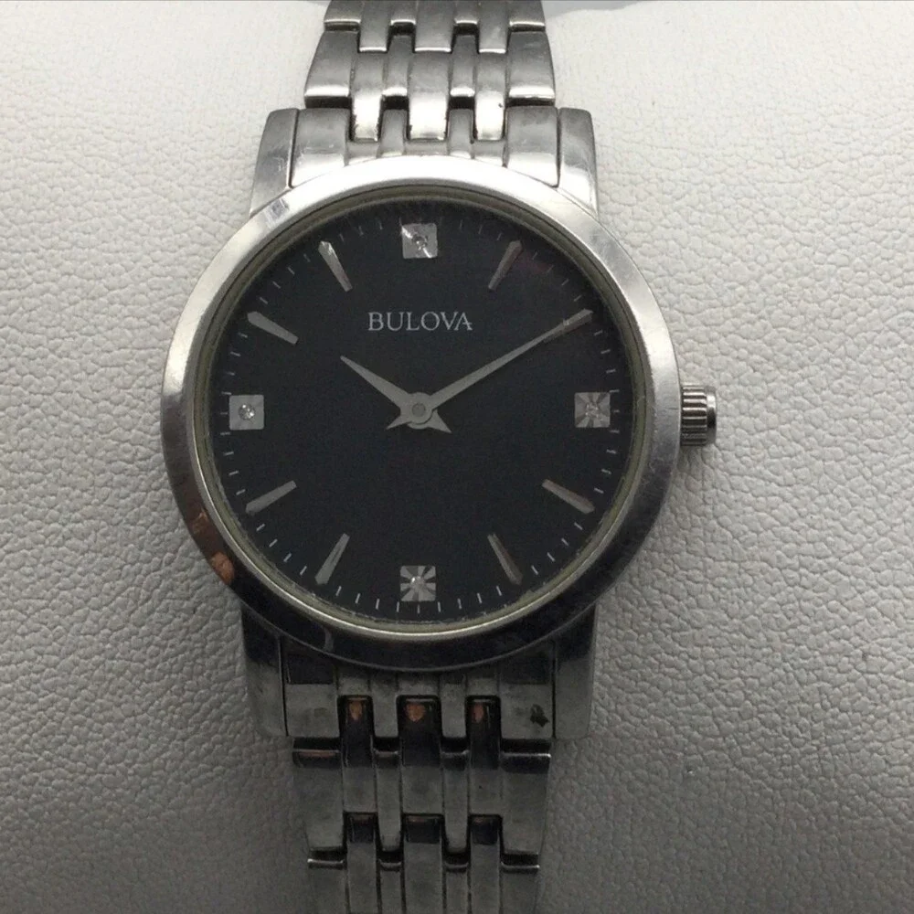 Bulova Womens Watch 27mm Black Dial Stainless Steel B96P148 New Battery 7.5